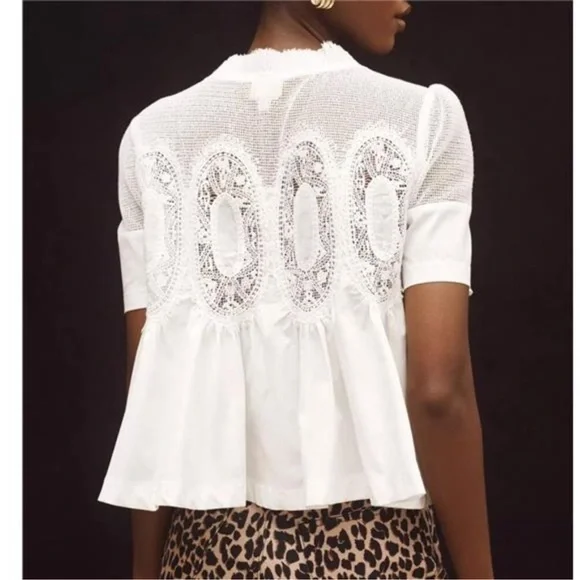 Women Lace-Detail Flared Blouse Short-Sleeve Crew Neck Lace Poplin Mesh - Picture 2 of 7